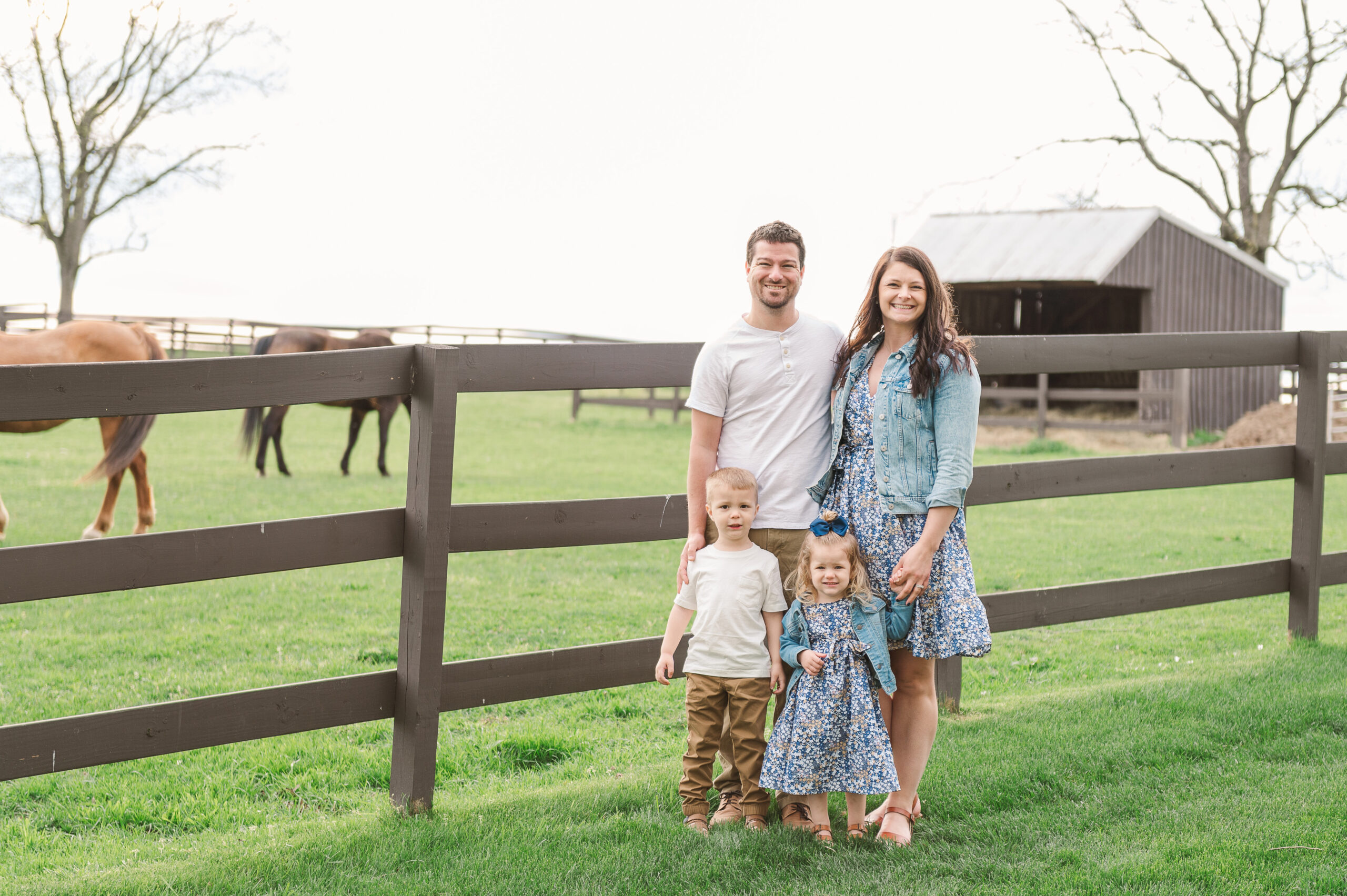 Family of 4 posing by horses at Lakeview Farms by photographers york pa