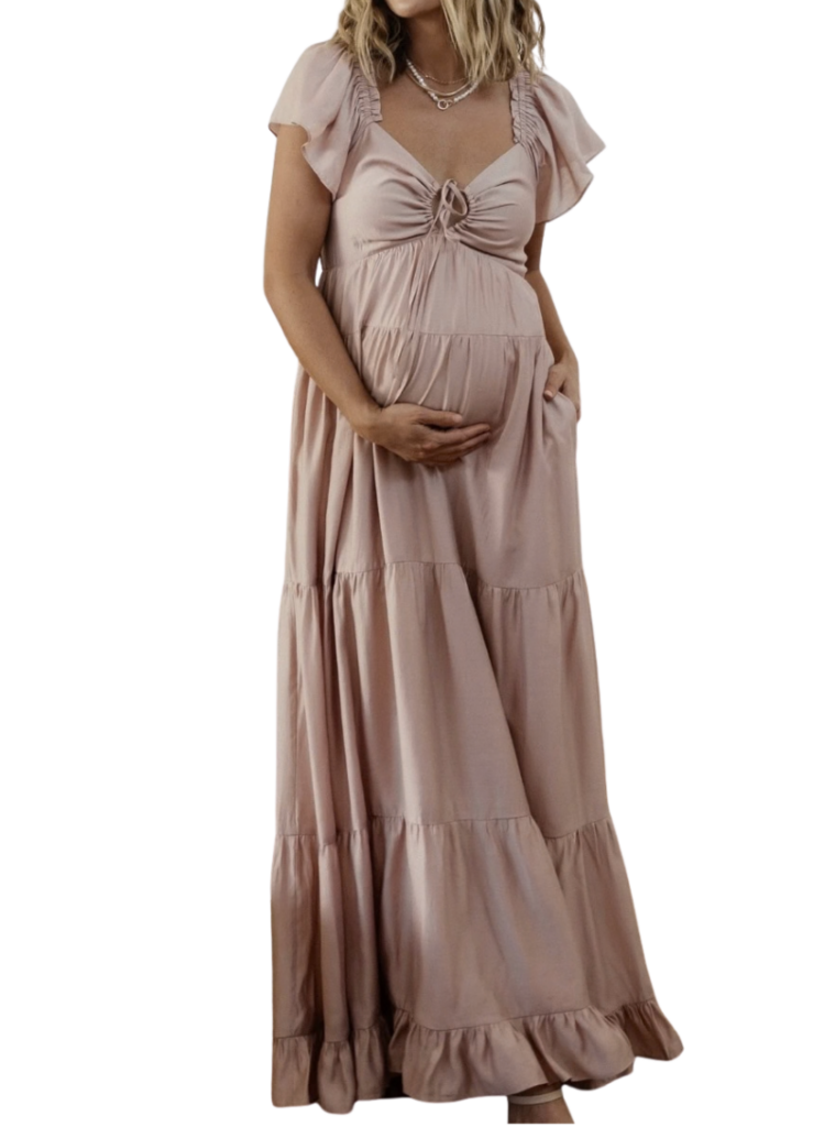 Mauve tiered maternity maxi dress with flutter sleeves, flattering for maternity photos and motherhood sessions in York PA