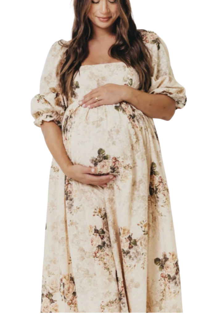 Cream floral maternity maxi dress with puff sleeves, soft neutral tones perfect for spring maternity photos in Lancaster PA