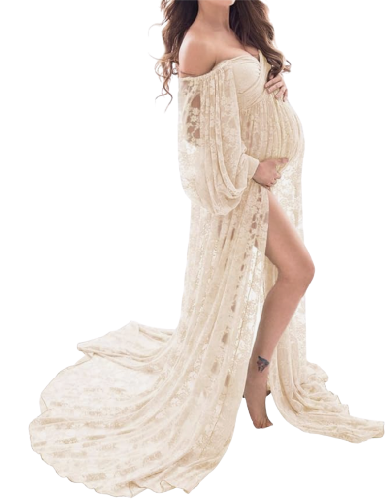 Cream lace off-the-shoulder maternity gown with long train, romantic and elegant for fine art maternity photos