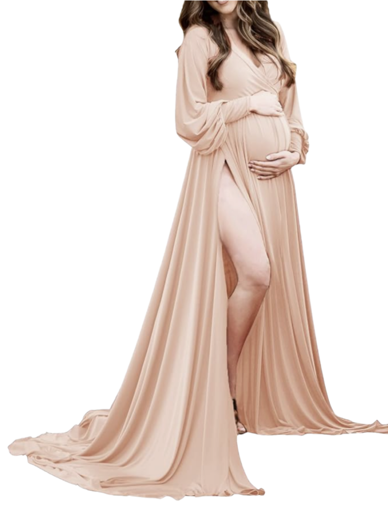 Blush long sleeve maternity gown with dramatic slit and flowing train, perfect for soft neutral maternity portraits