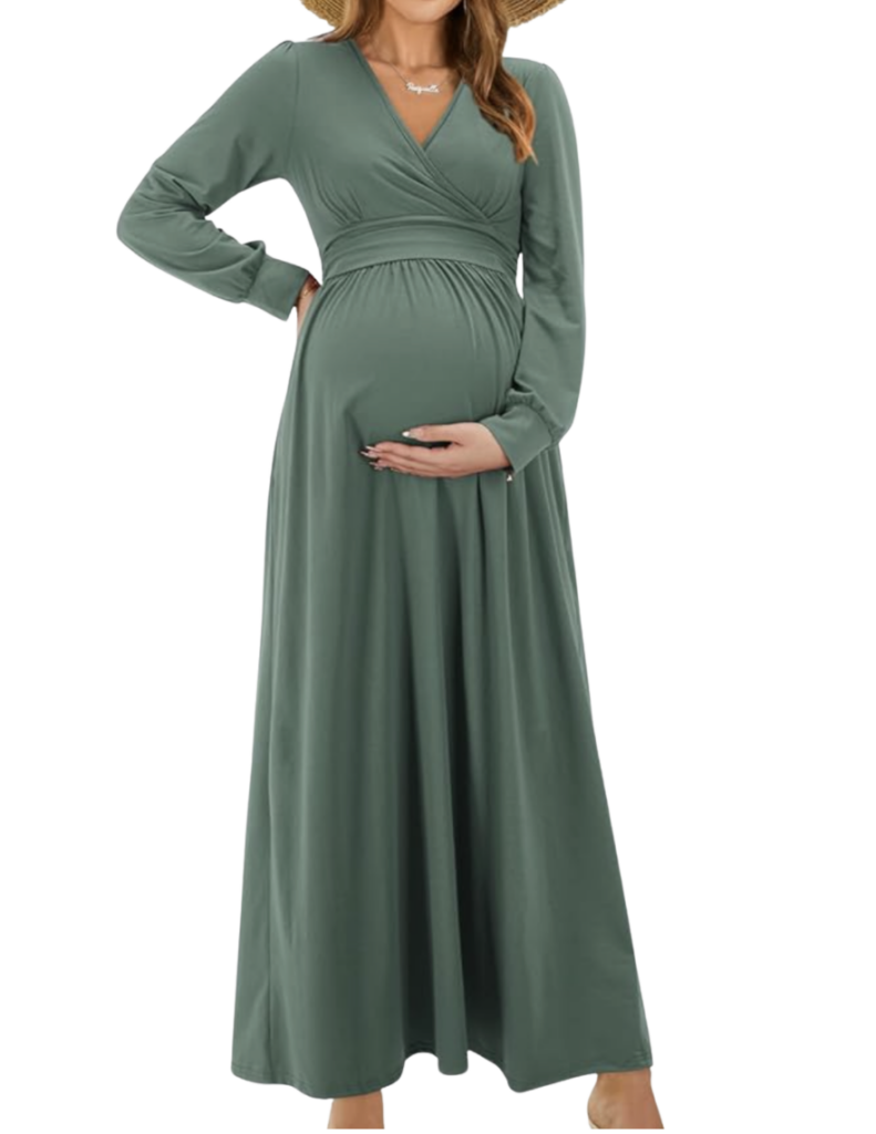 Sage green long sleeve wrap maternity maxi dress, flattering and comfortable for outdoor maternity photo sessions