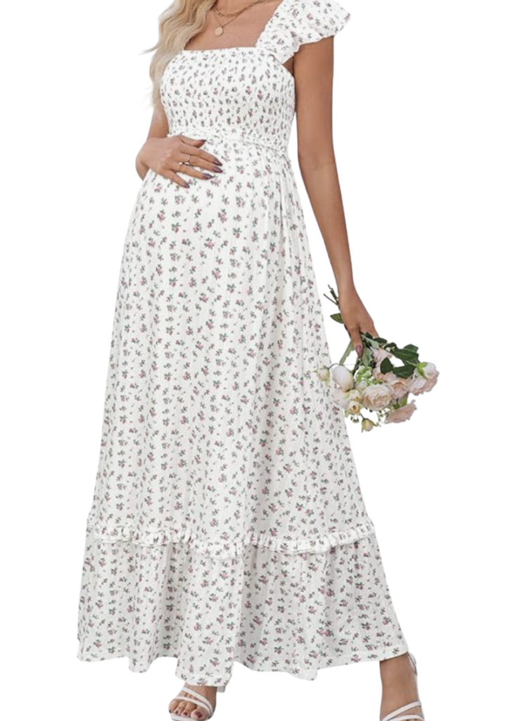White floral smocked maternity maxi dress with ruffle hem, light and airy for spring maternity portraits