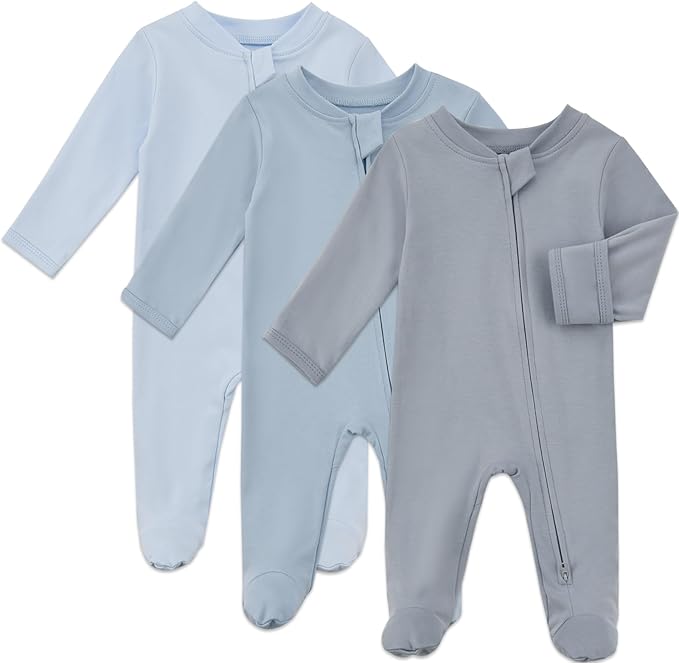 Soft blue newborn baby sleepers for hospital bag going home outfit