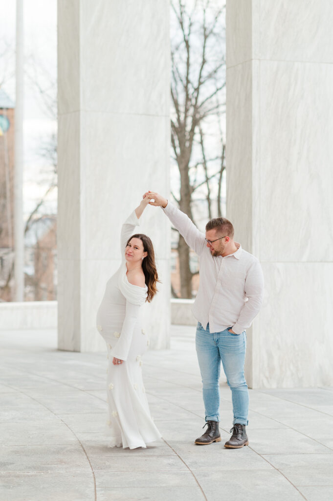 pregnant mother and father standing together during maternity session in York PA