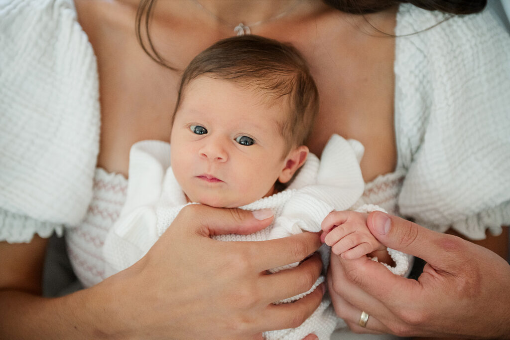 newborn baby awake making eye contact during session in York Pennsylvania