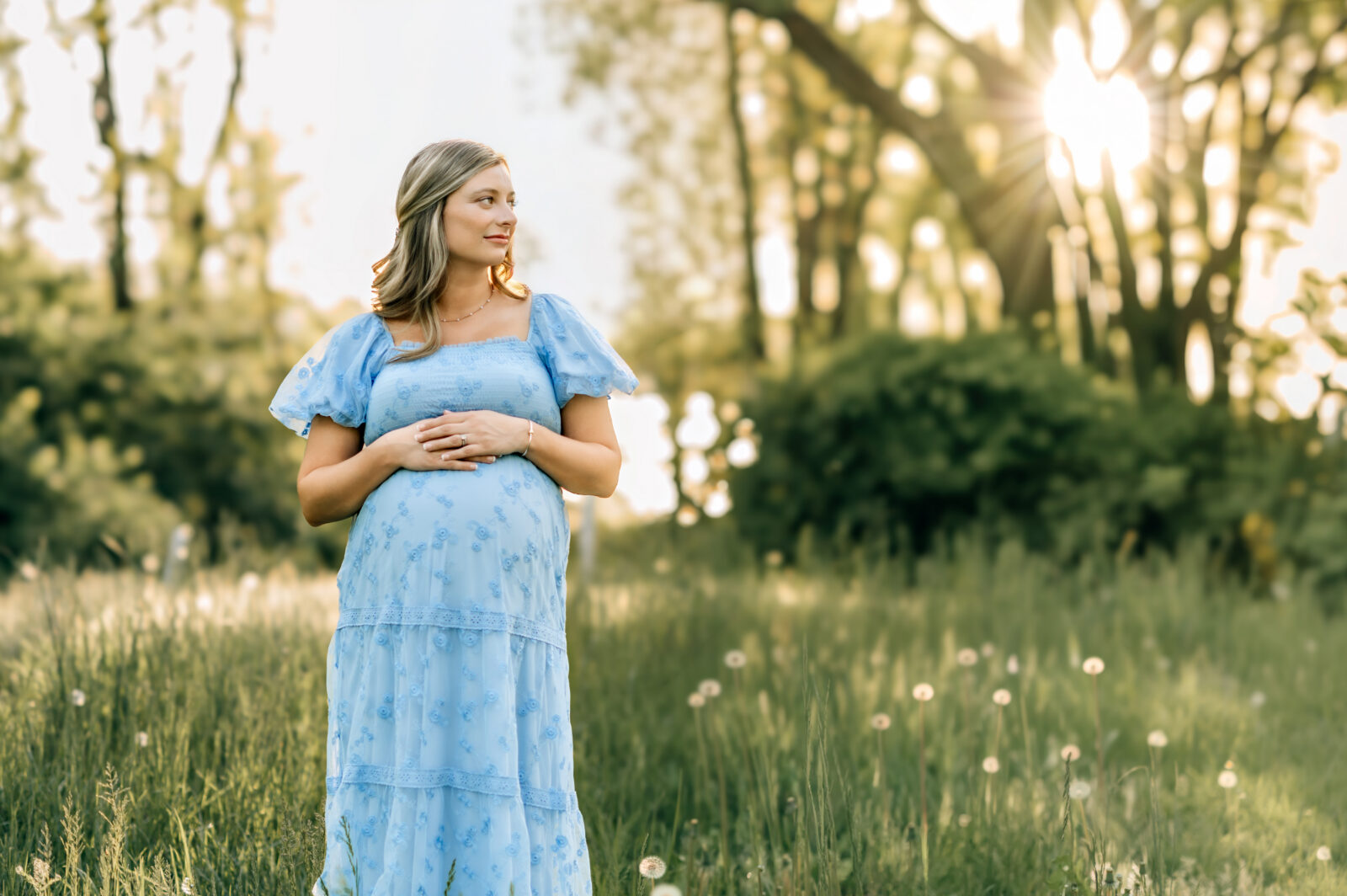 Pregnant mom in blue dress during maternity session in York PA standing in a field with soft sunset light